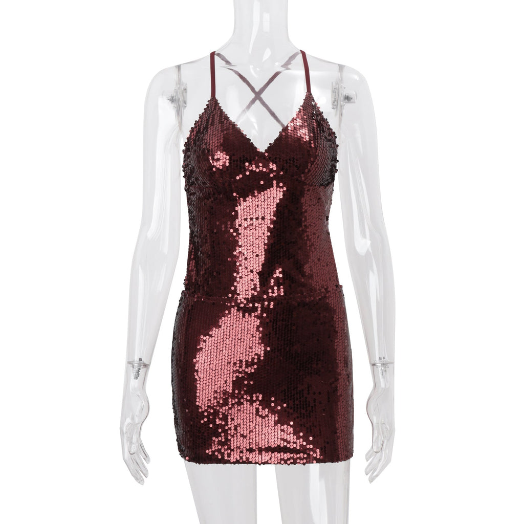Women Clothing Sexy Bare Back Nightclub Sexy Sequined Lace up Sheath Short Dress