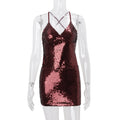 Women Clothing Sexy Bare Back Nightclub Sexy Sequined Lace up Sheath Short Dress