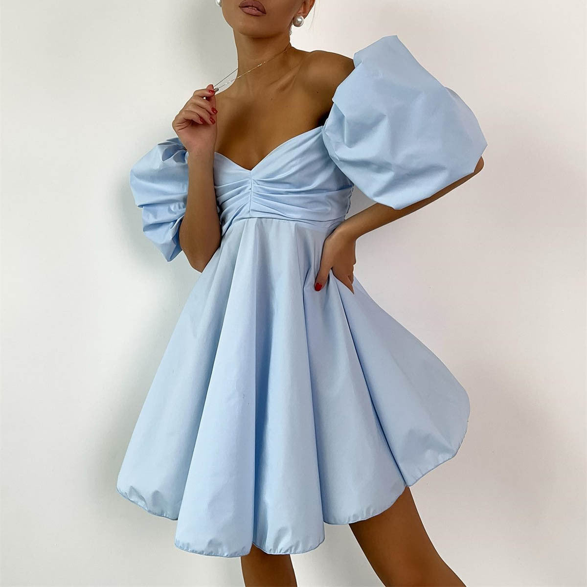 Off Neck Short Dress for Women Summer Puff Sleeve High Waist A line Dress French Princess Dress for Women