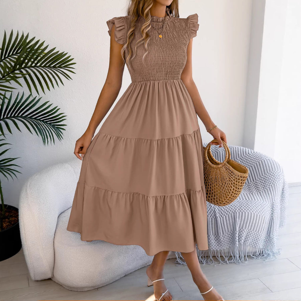 Women Clothing Spring Summer Solid Color Stringy Selvedge Flying Sleeves Smocking Waist-Slimming Maxi Dress