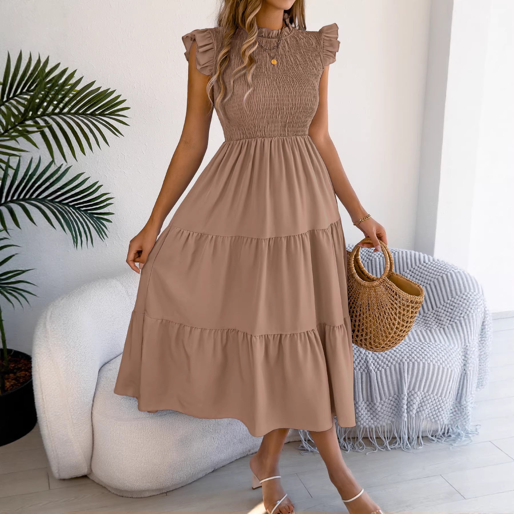 Women Clothing Spring Summer Solid Color Stringy Selvedge Flying Sleeves Smocking Waist-Slimming Maxi Dress