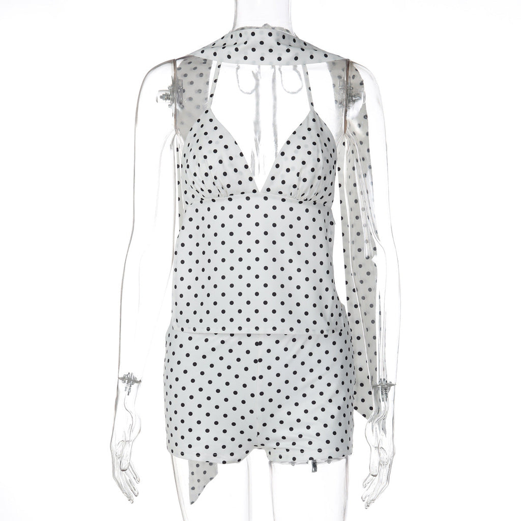 Women Clothing Winter Sexy Polka Dot Self Tie Vest Backless Slim Fit Shorts Two Piece Set