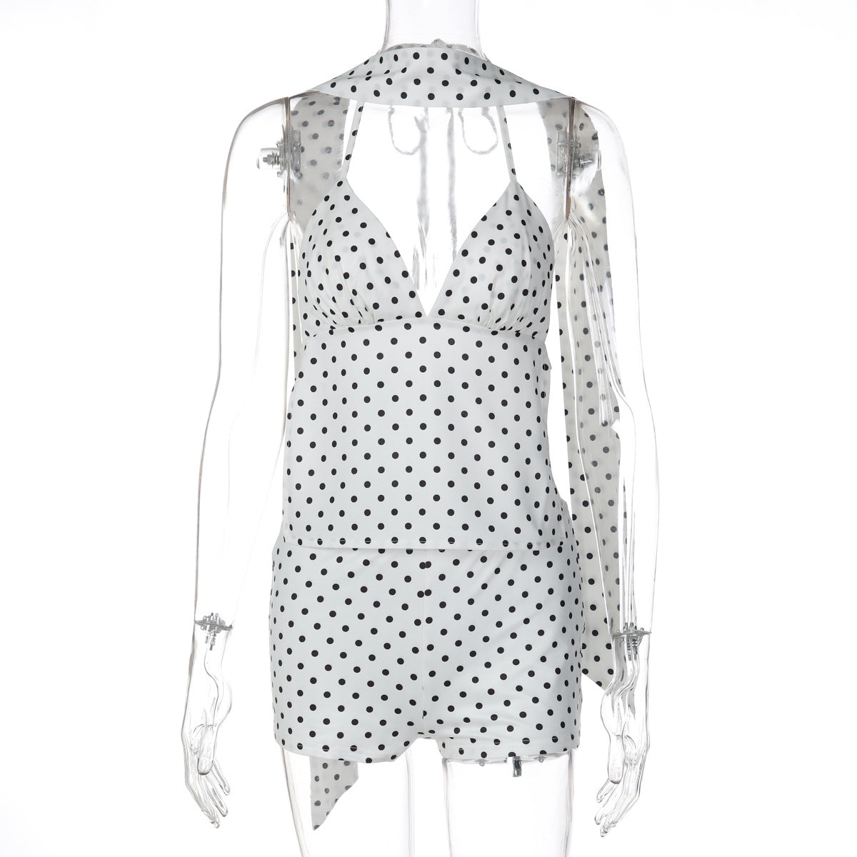 Women Clothing Winter Sexy Polka Dot Self Tie Vest Backless Slim Fit Shorts Two Piece Set