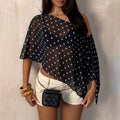 Lazy Shoulder Pullover off Shoulder Loose Irregular Asymmetric Polka Dot Chiffon Top