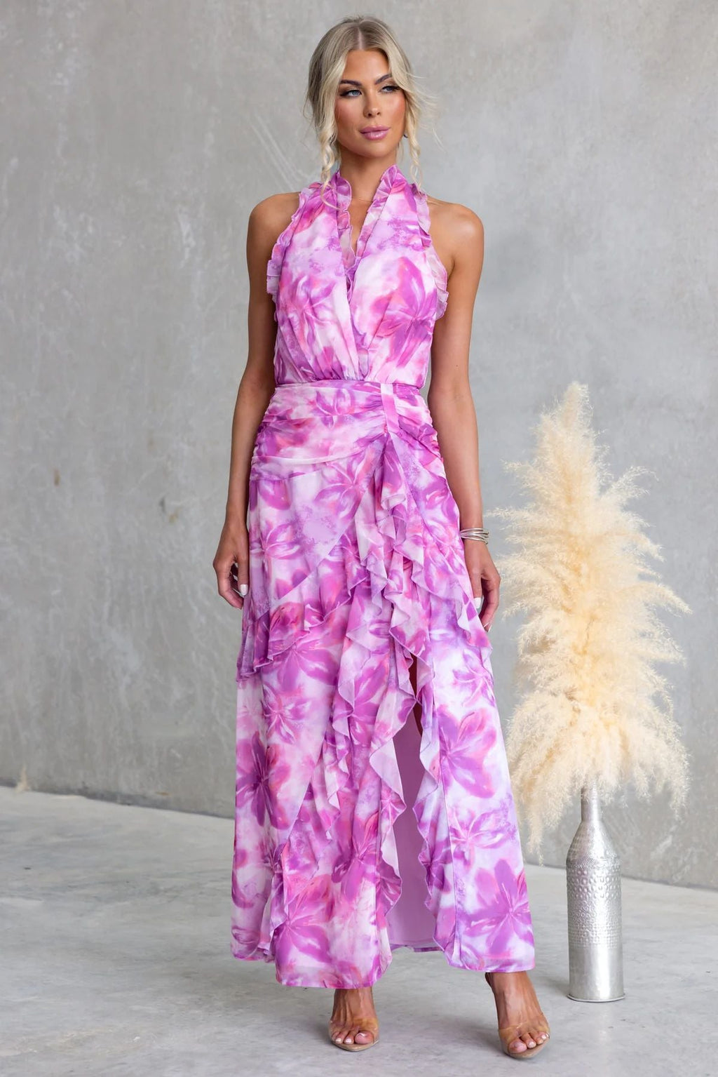 Printed Sexy V neck Backless Halter Fashionable Stringy Selvedge Dress