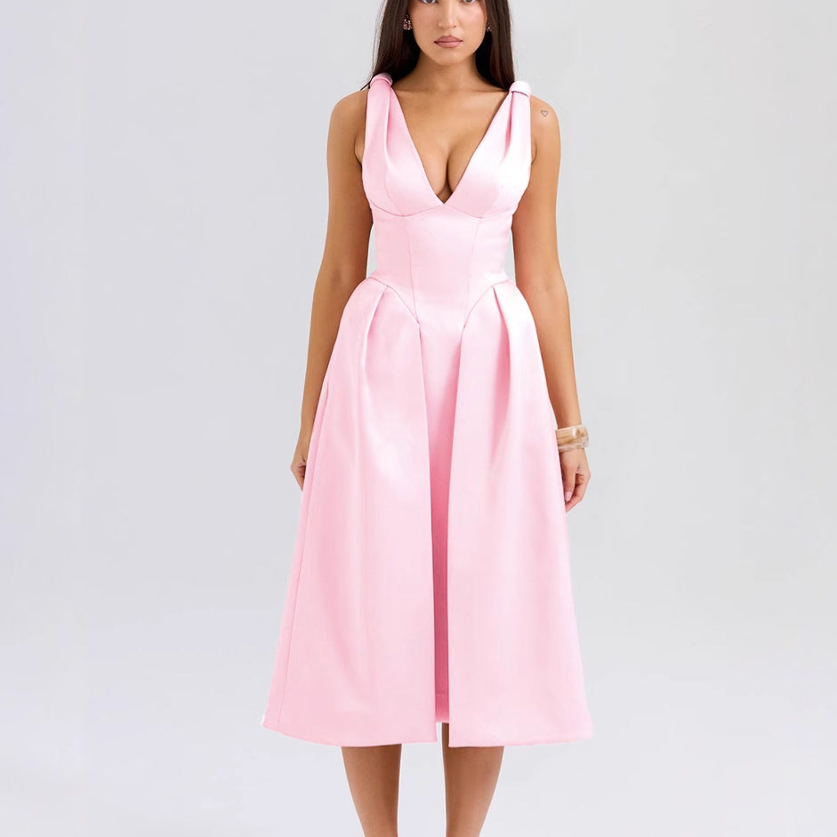 Summer Slim Strap Dress Solid Color V neck Elegant Dress