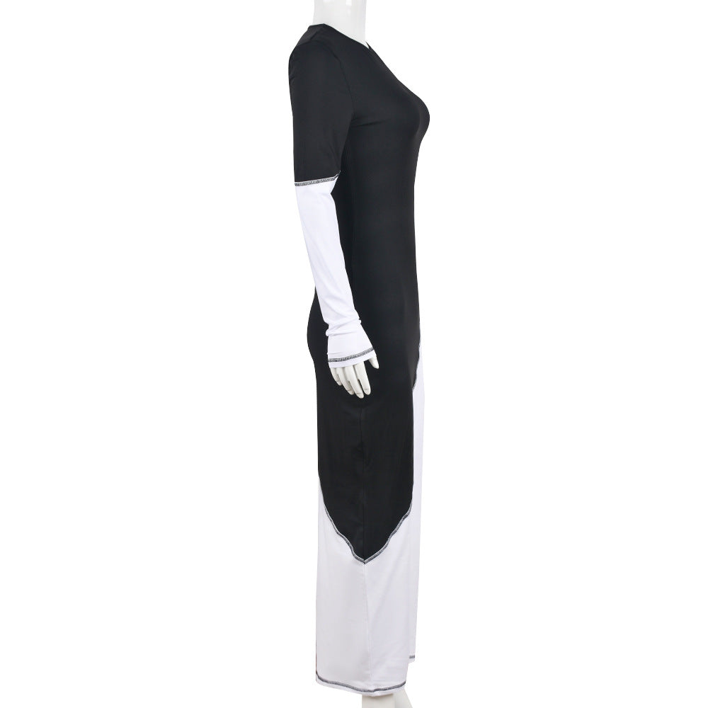 Women Clothing Spring Summer Contrast Color Slim Fit Single Side Long Sleeve Maxi Dress