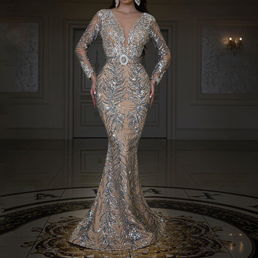 Women Clothing Dress Bronzing Long Sleeve Slim Sexy Fishtail Mopping Evening Dress
