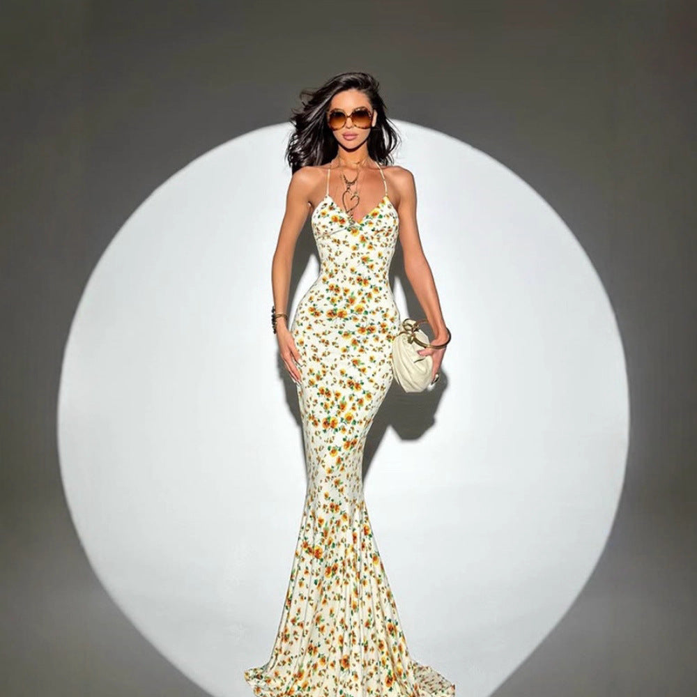 Spring Summer Waist Slimming Elegant Floral Strap Dress Deep V Plunge Vacation