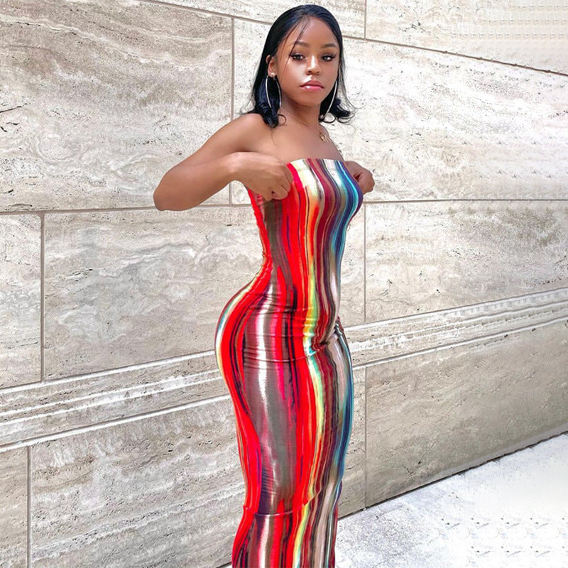 Women Clothing Spring Summer Colorful Tie Dye off Shoulder Tube Top Dress