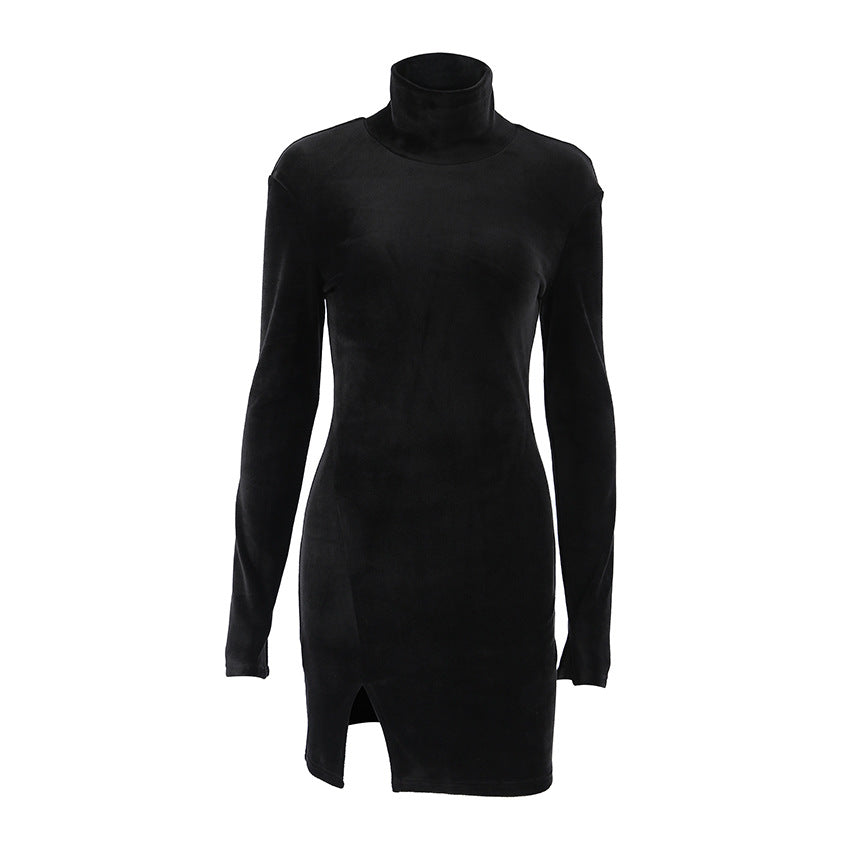 Sexy Slim Fit Silver Fox Velvet Sheath Turtleneck Solid Color Dress Autumn