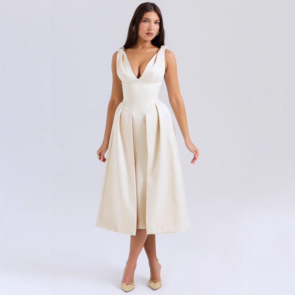 Summer Slim Strap Dress Solid Color V neck Elegant Dress