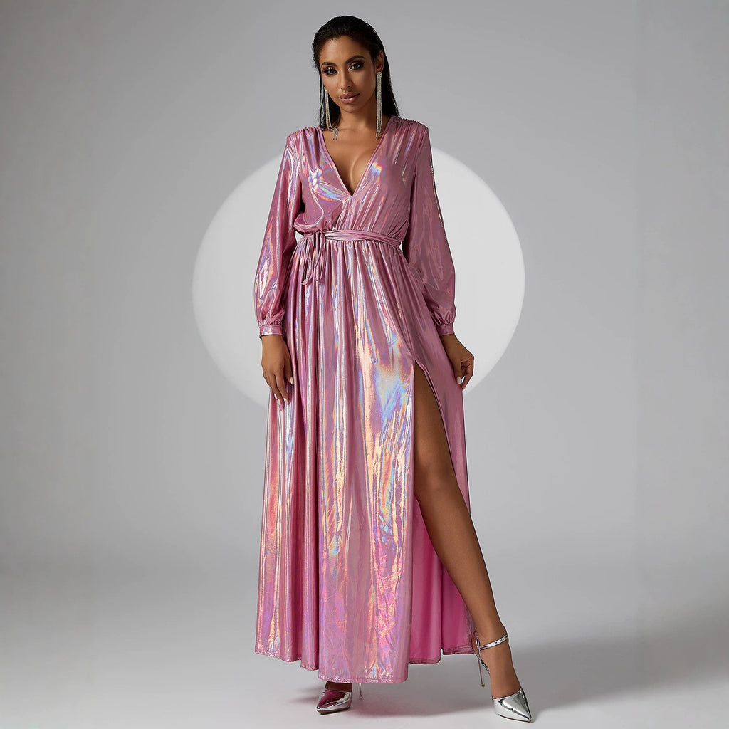 V neck Long Sleeve Long Bronzing Cocktail Hip Wrapped Evening Dress Bridesmaid Dress Women Dress