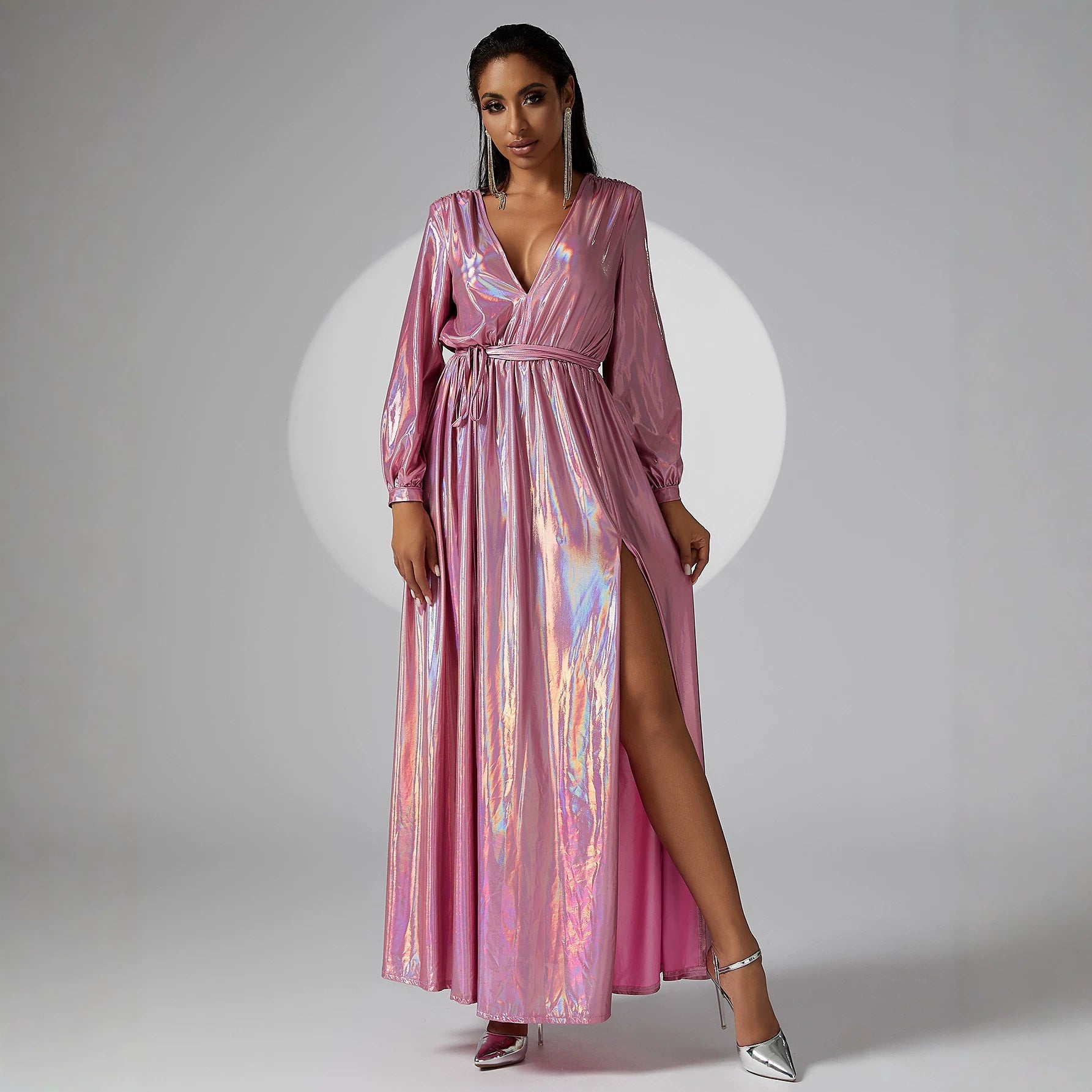 V neck Long Sleeve Long Bronzing Cocktail Hip Wrapped Evening Dress Bridesmaid Dress Women Dress