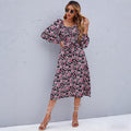Autumn Elegant Retro Backless Bubble Sleeve Square Collar Floral Dress