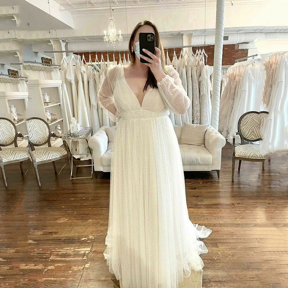 Pregnant Women Long Sheer Long Sleeve Mesh Maxi Dress Deep V Plunge Swing Dress