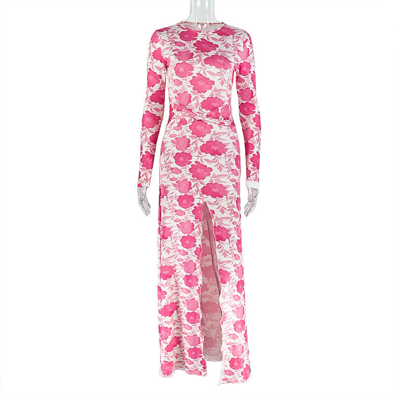 Women Printed Wear Waist Tight Slit Sheath Dress Pleated Slim Fit round Neck Long Sleeves Maxi Dress