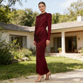 Elegant Retro Spring Pleated Tight Waist Slim Slimming High Waist round Neck Solid Color Dress for Women