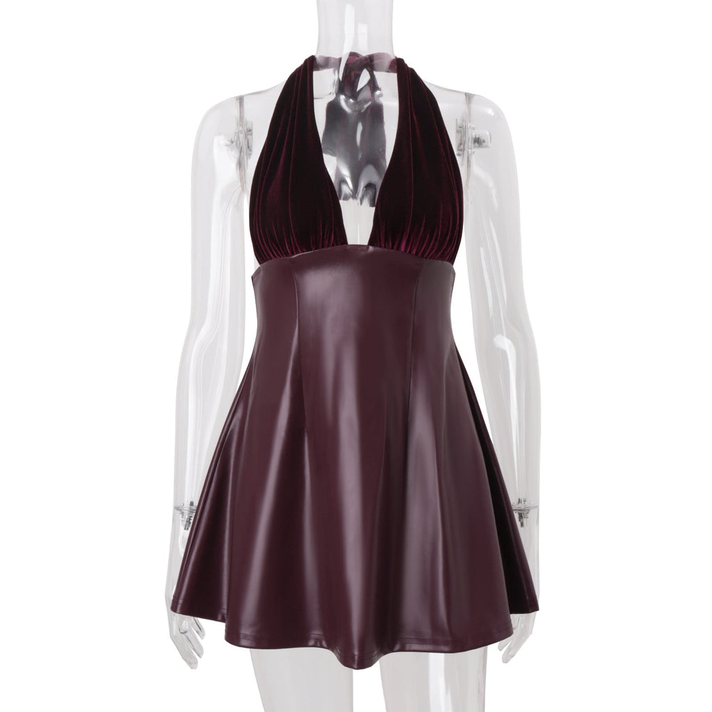 Women Clothing Fall Sexy V neck Low Cut Halter Backless Faux Leather Stitching Dress