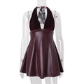 Women Clothing Fall Sexy V neck Low Cut Halter Backless Faux Leather Stitching Dress