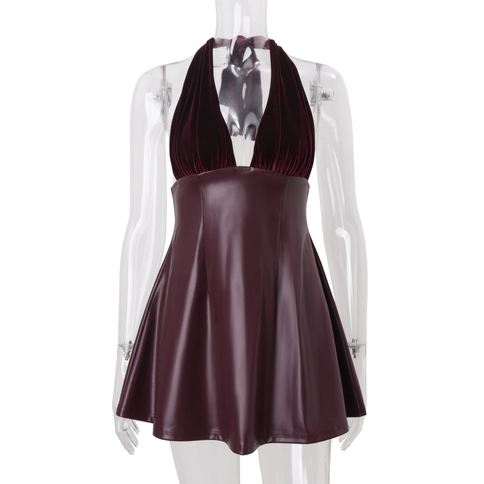 Women Clothing Fall Sexy V neck Low Cut Halter Backless Faux Leather Stitching Dress