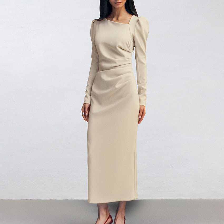 Autumn Casual Elegant Irregular Asymmetric Collar Puff Sleeve Tight Split Dress Khaki Maxi Dress