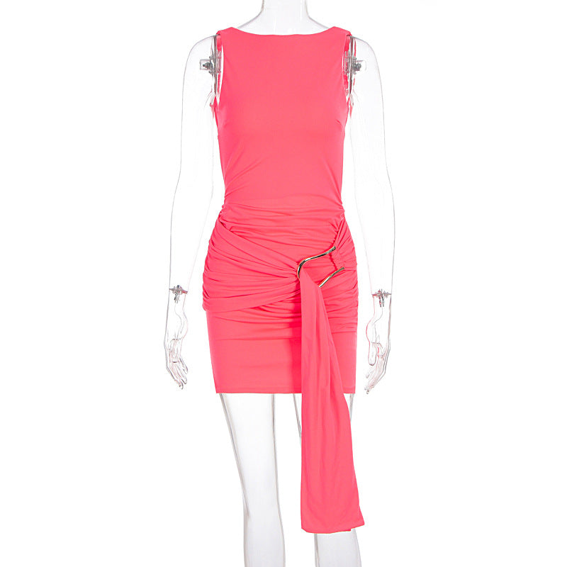 Arrival Women Solid Color Sexy Slim High Waist Backless Metal Decoration Sleeveless Dress