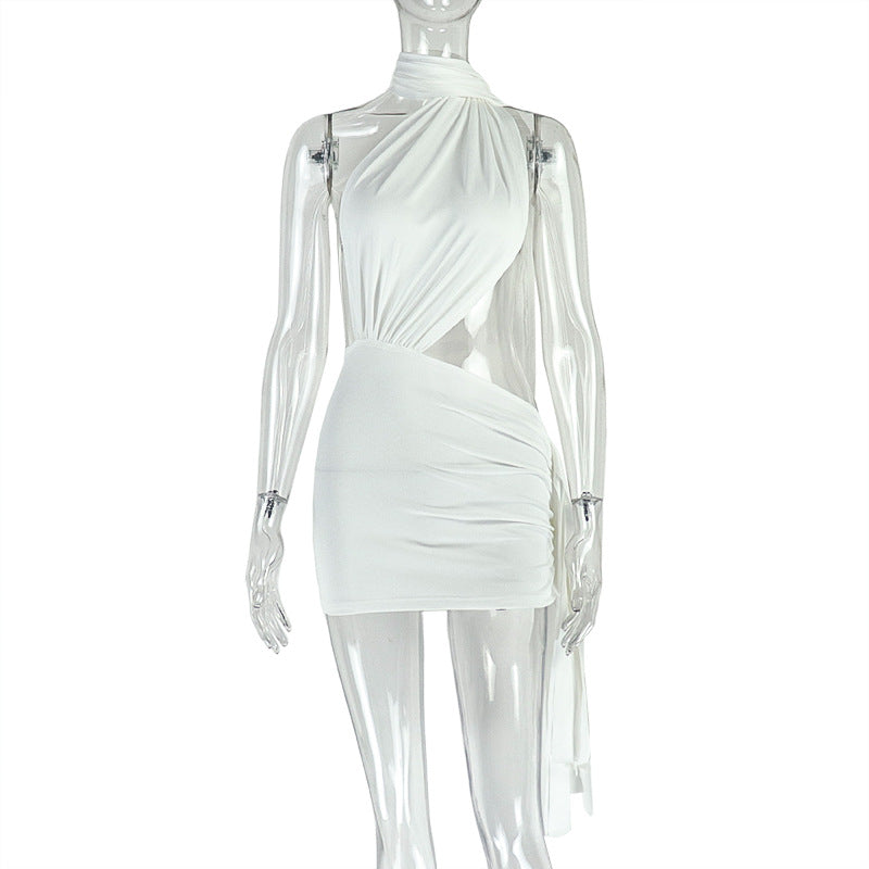 Street Women Wear Stitched Backless Solid Color Hip Lace up Pleated Asymmetric Dress