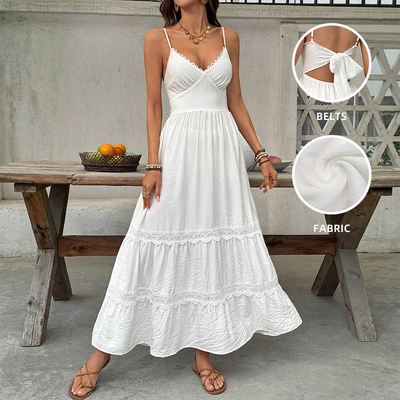 Simple Vacation White Lace Sling Cake Large Swing Dress