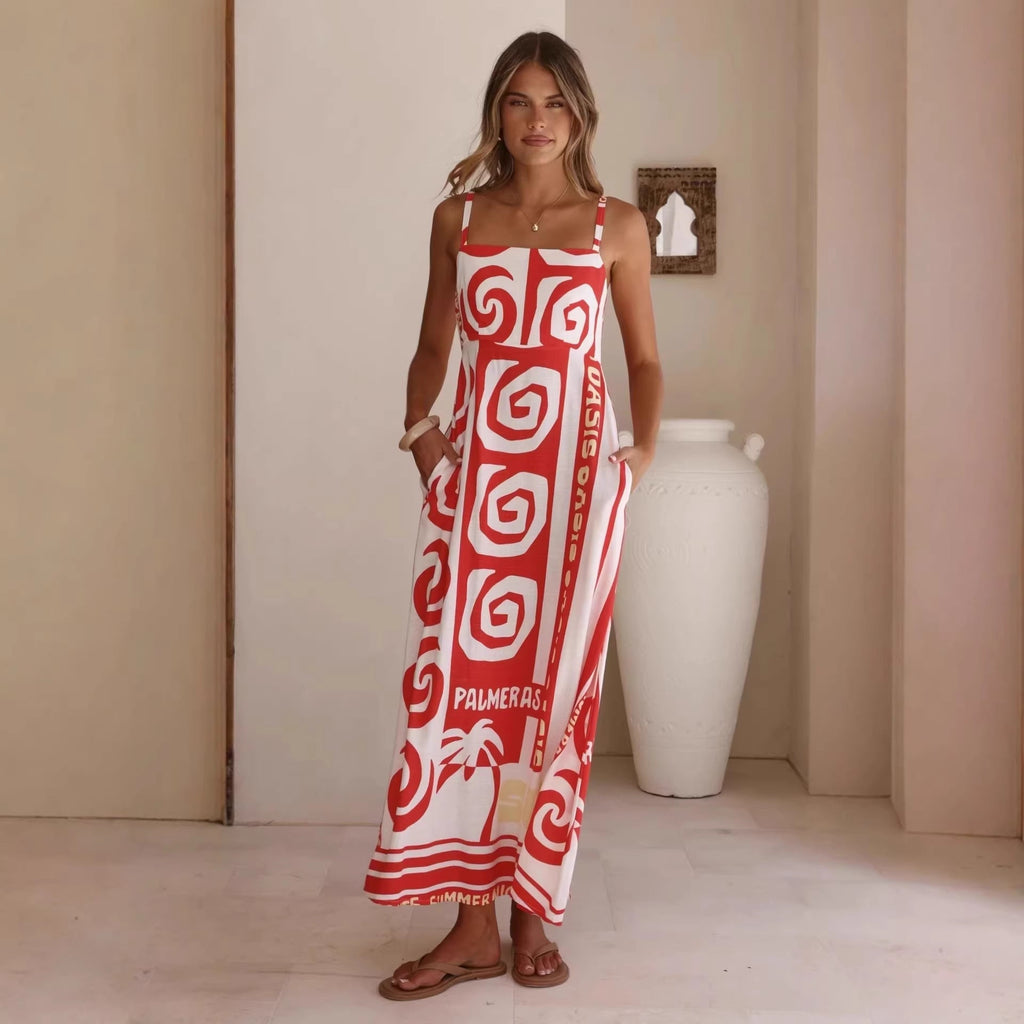 Summer Geometric Abstract Print Vacation Large Swing Cami Dress Women Dress