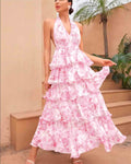 Spring Women Clothing Dress Sexy V neck Sling Multi Layer Printing Dress