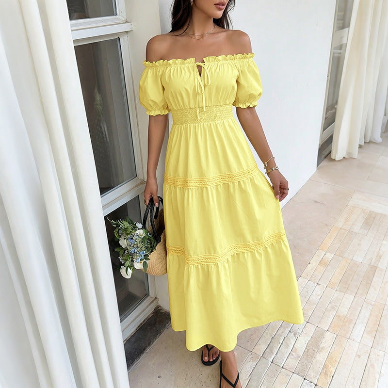Fresh Vacation Solid Color off Shoulder Puff Sleeve Tiered Dress