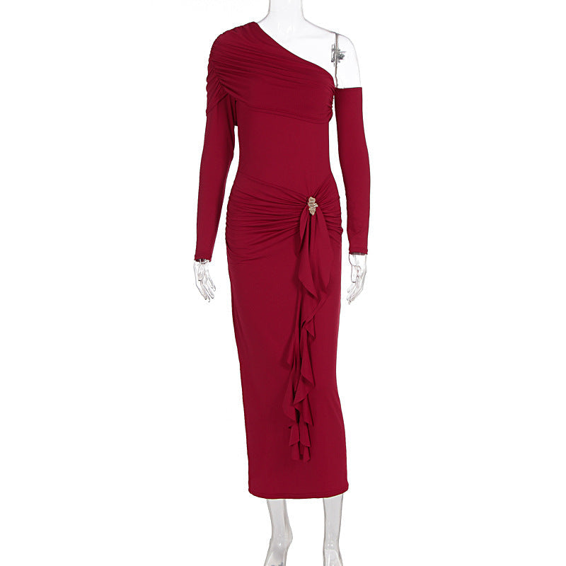 Autumn Elegant Women Single Shoulder Solid Color Long Sleeve Slim Fit Sexy Sheath Pleated Dress