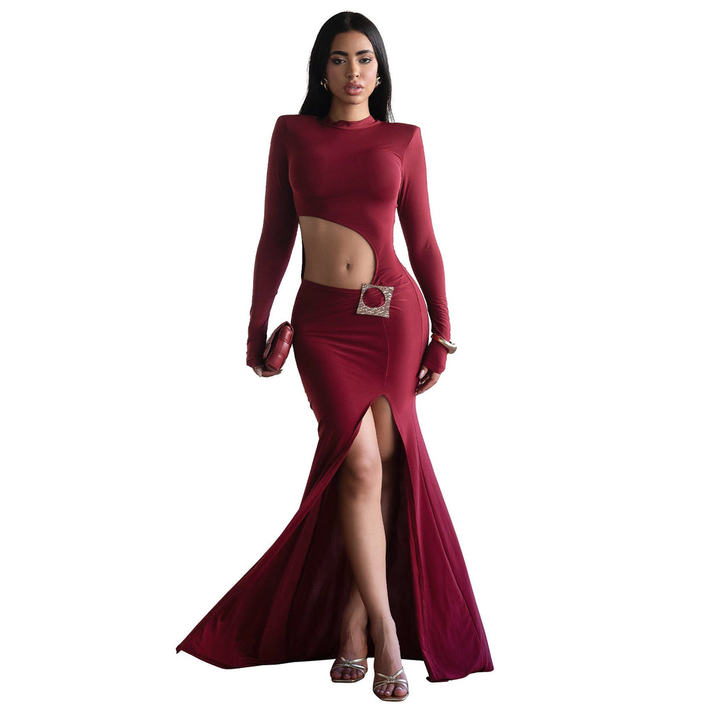 Women Clothing Fall Sexy Cropped Round Neck Long Sleeved Dress