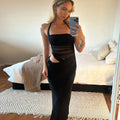 Sexy Mesh Stitching Dress Slim Fit Backless Solid Color Cropped Outfit Halter Split Maxi Dress