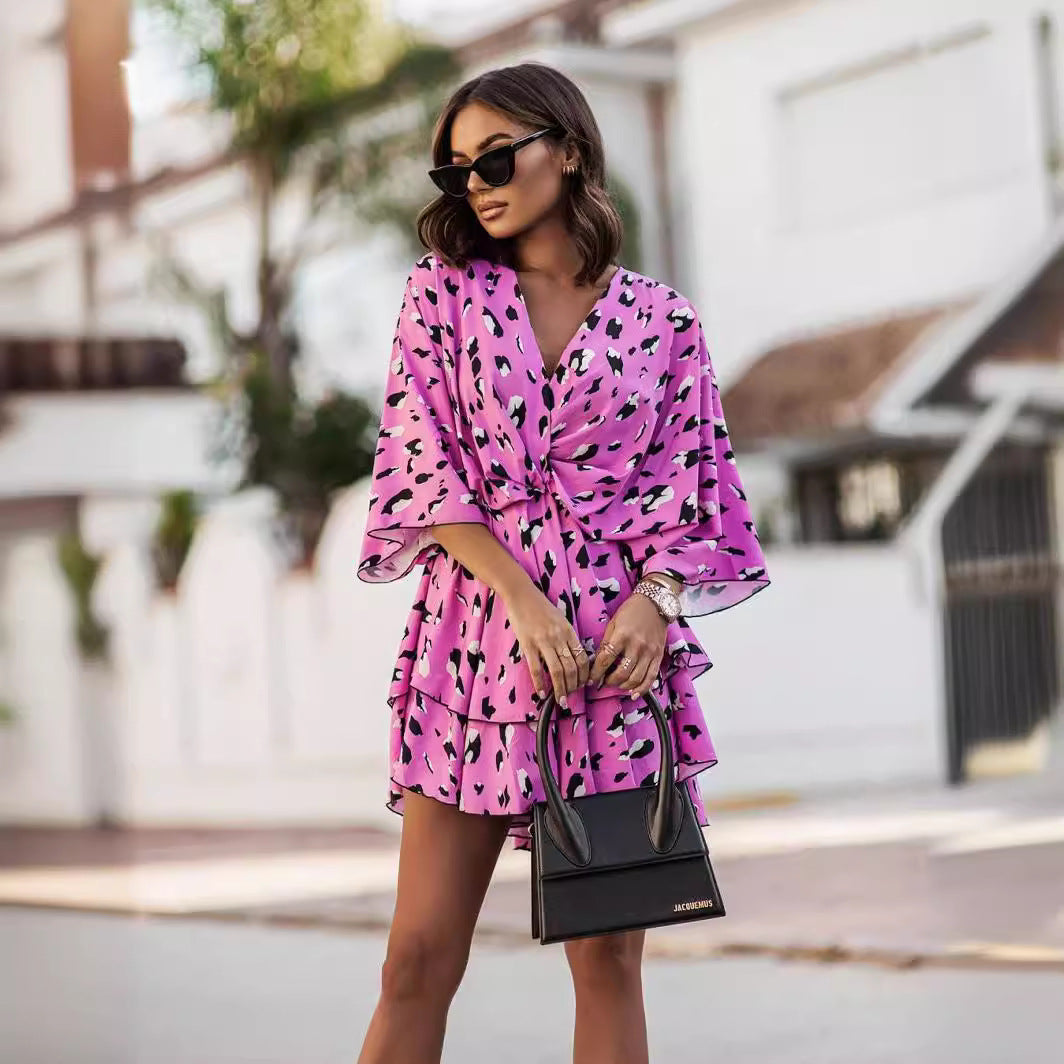 Women Clothing V neck Printed Waist Controlled Batwing Sleeve Half-Length Sleeve Dress