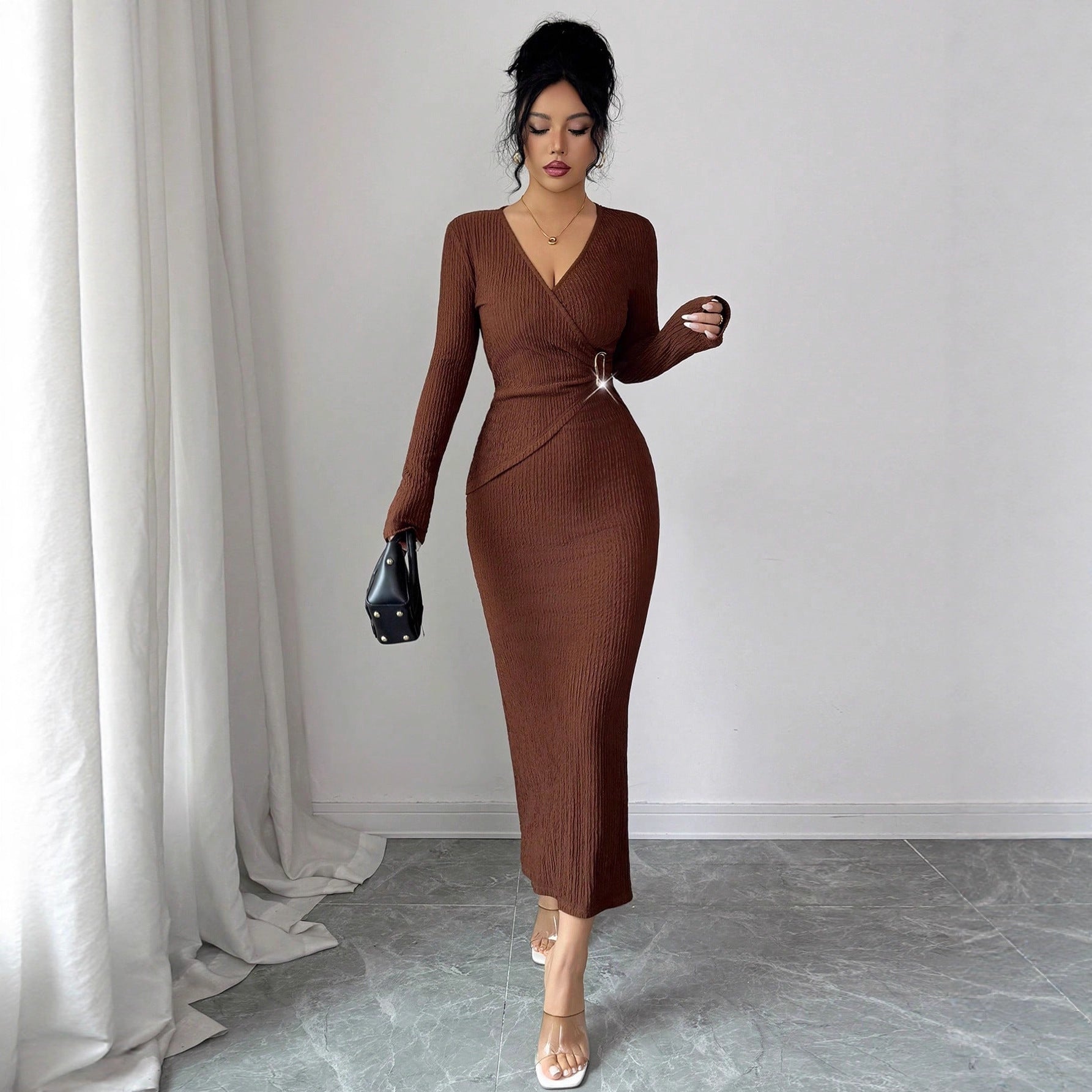 Cross Collar Knitted Texture Solid Color Slim Slimming Dress Women Winter
