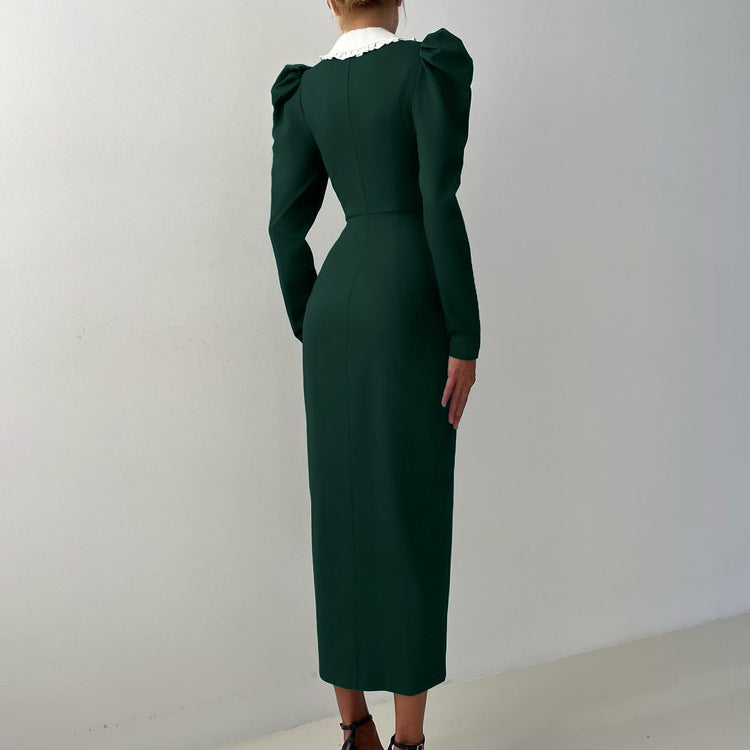 Spring Color Contrast Cardigan Sheath Dress Women Doll Collar Long Sleeve High Waist French Dress