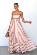 Summer Cami Dress Striped Print High Waist Big Swing Vacation Women Dress