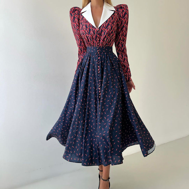 Contrast Color Design Collared Long Sleeve A line Women Waist Controlled Printed Large Swing Dress