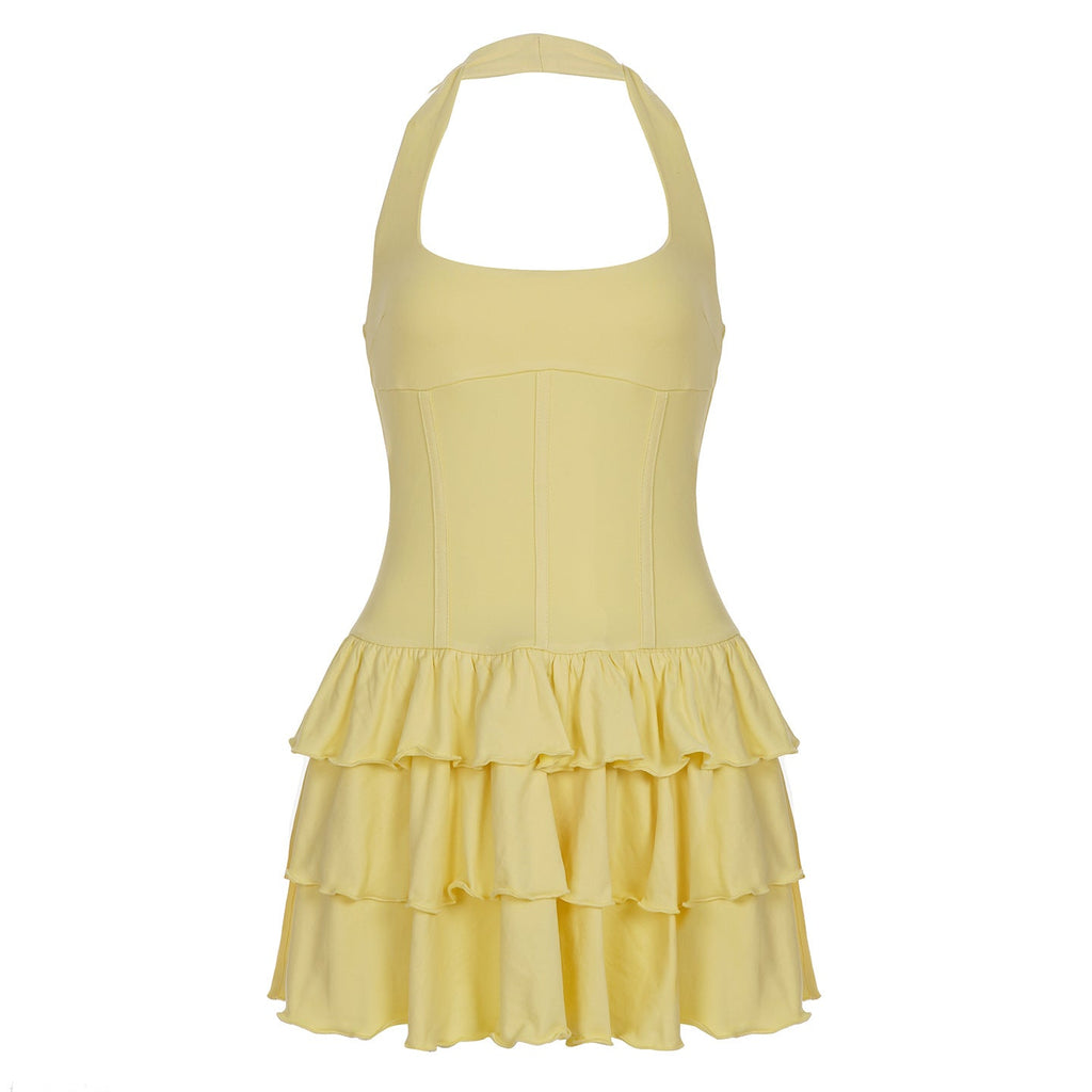 Built Basic Solid Color U Collar Halter Pleated Tiered Skirt Sexy Backless Dress Short Dress