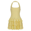 Built Basic Solid Color U Collar Halter Pleated Tiered Skirt Sexy Backless Dress Short Dress