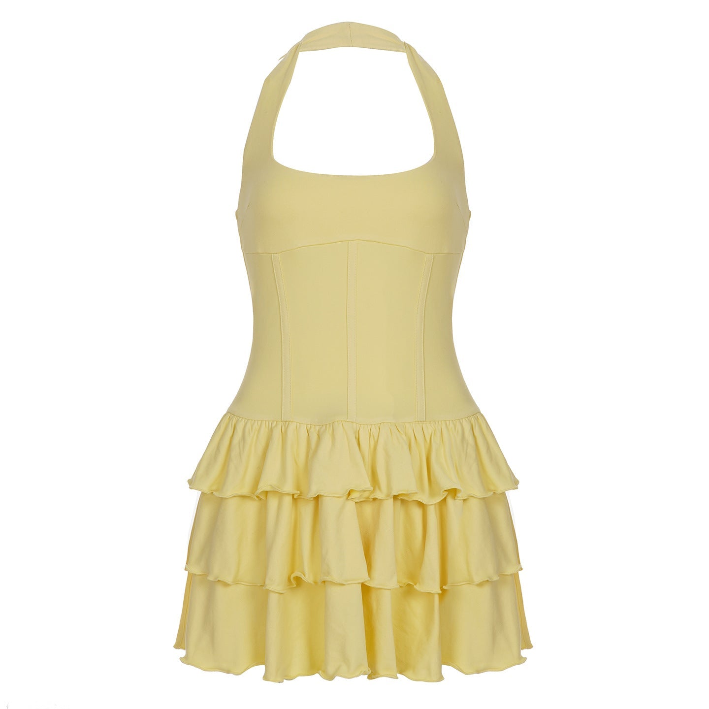 Built Basic Solid Color U Collar Halter Pleated Tiered Skirt Sexy Backless Dress Short Dress