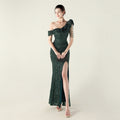 One Shoulder Pleated Ruffled Embellished Beaded Chain Sequined Evening Dress Cocktail Wedding Red Carpet