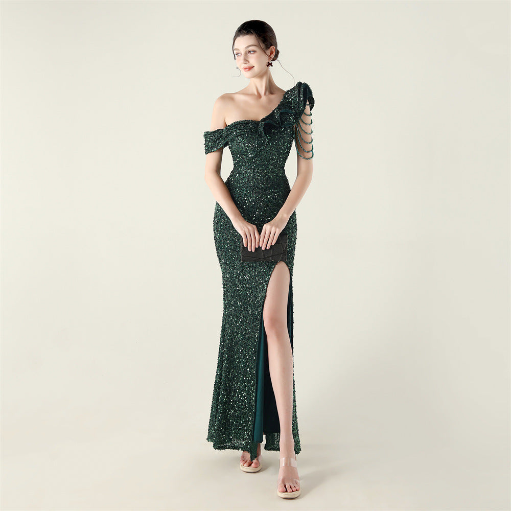 One Shoulder Pleated Ruffled Embellished Beaded Chain Sequined Evening Dress Cocktail Wedding Red Carpet