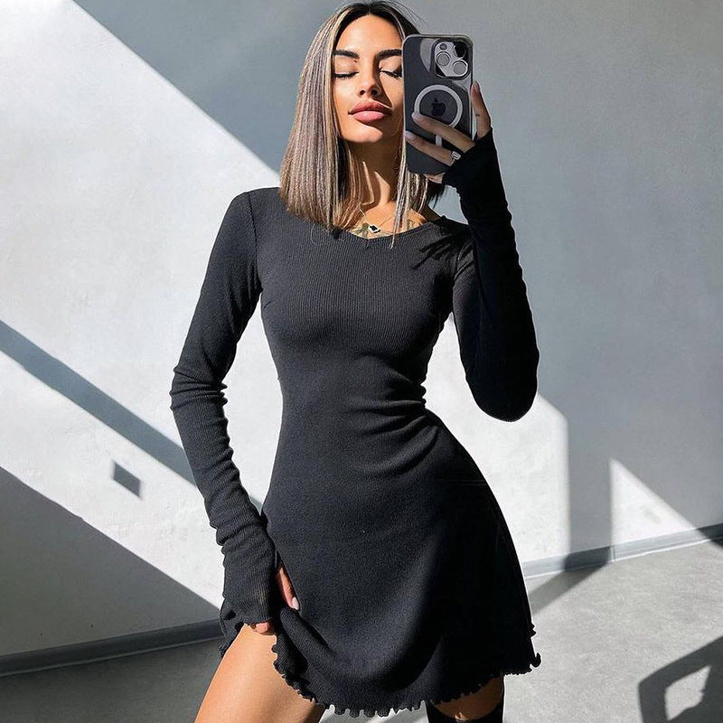Women Clothing Autumn Winter Simple Solid Color Back Lace up Waist Controlled Dress