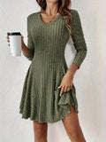 Elegant Knitted V neck Long Sleeve Dress Short Dress Large Swing Dress Women Clothing