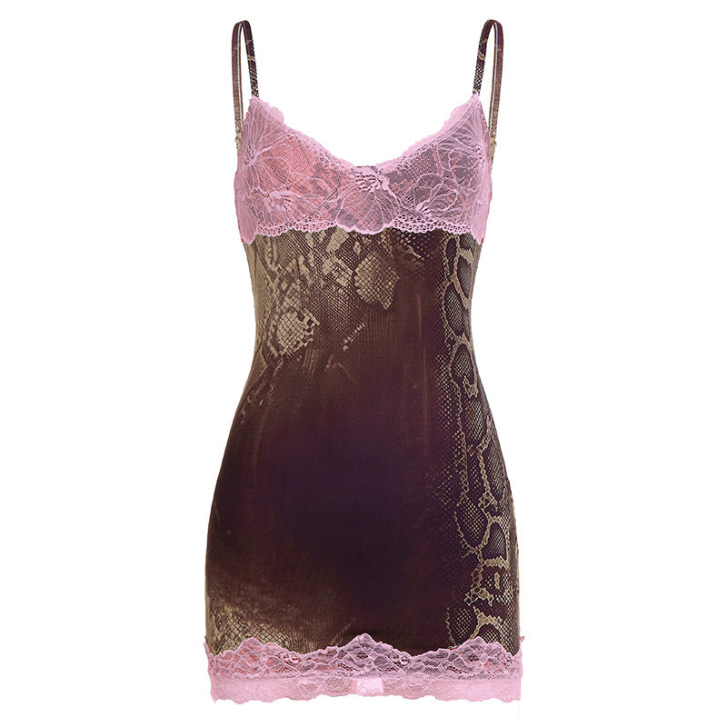 Sexy Personalized Snake Pattern Lace Contrast Color Splicing Sling Dress Sexy V neck Backless Hip Dress