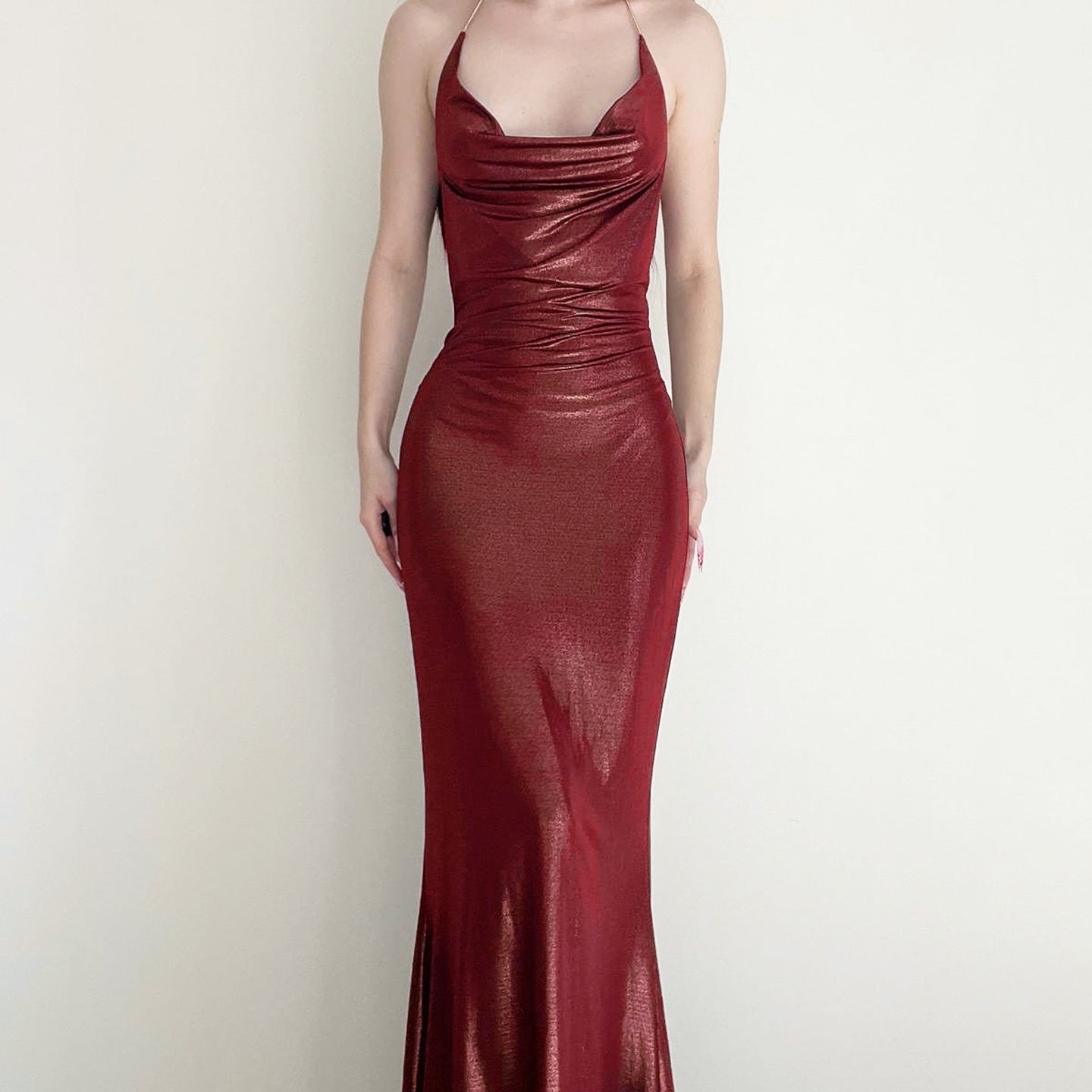 Sexy Elegant Retro Halter Sheath Dress Thin Flash Pleated Backless Solid Color Swing Collar Dress