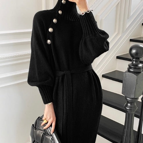 Japanese Korean Lace up Waist Trimming Knitted Dress Autumn Winter Loose Slimming All Matching Turtleneck Long Sweater for Women